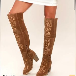 Sbicca Acapella Tan Embroidered Over the Knee Boots